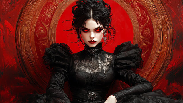 Elegant vampire queen with glowing red eyes, vampiress, vampire queen costume, black dress, vampire makeup, red and gold backdrop, Halloween queen, Gothic fashion, Halloween backdrop