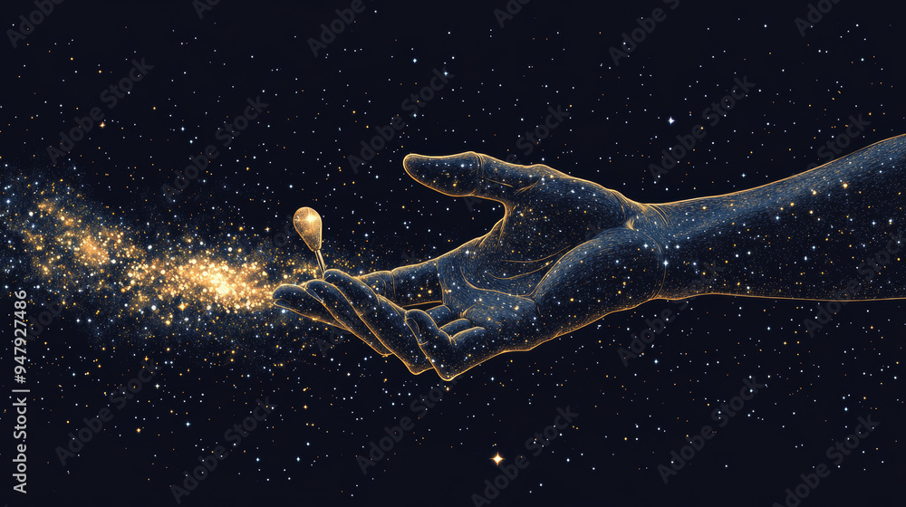 Poster abstract network of lines and dots forming a hand holding a pin on a white backdrop with text. the i
