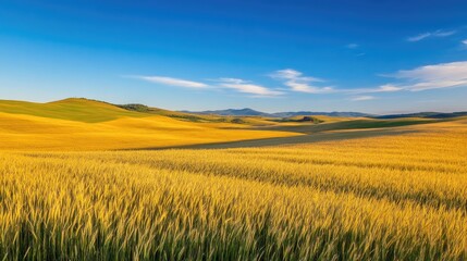 Expansive fields of oats glowing golden under a late afternoon sun, with a deep blue sky and distant rolling hills.
