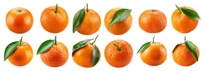 Ripe oranges whole with green leaves showcasing bright color isolated on transparent background