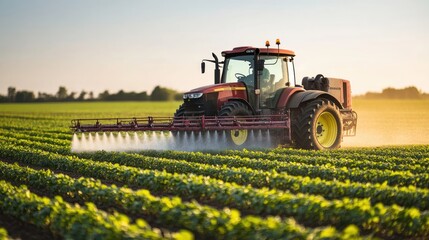 Fototapeta premium Front view of a tractor moving through a field, spraying pesticide with precision, showing the machinery and crop interaction.