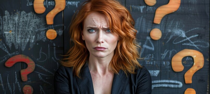 Confused Woman With Question Marks, Portrait Of A Curious Redhead Wondering Against Chalkboard - Powered by Adobe