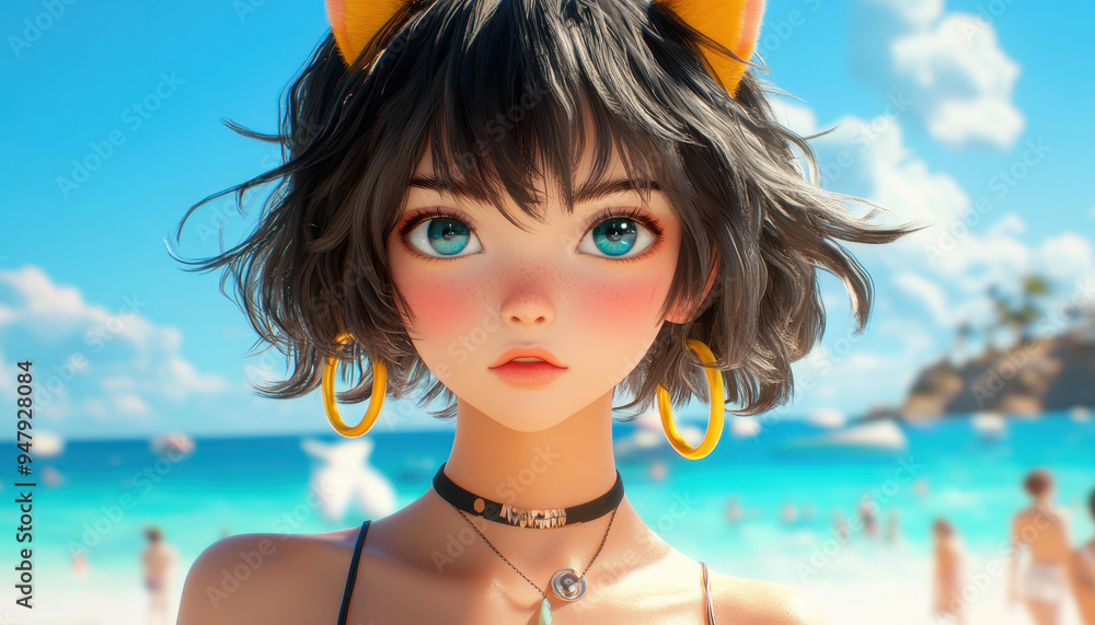 Poster animated fantasy girl blends soft realism and cartoon charm, capturing beach vibes with stunning det