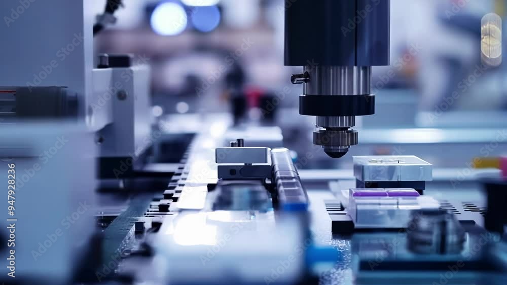 Poster robotic arm is placing a component on a high tech production line. the image conveys a sense of inno