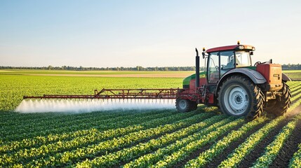 Fototapeta premium Side view of a tractor with extended spray arms, distributing pesticide evenly across a vibrant green field.