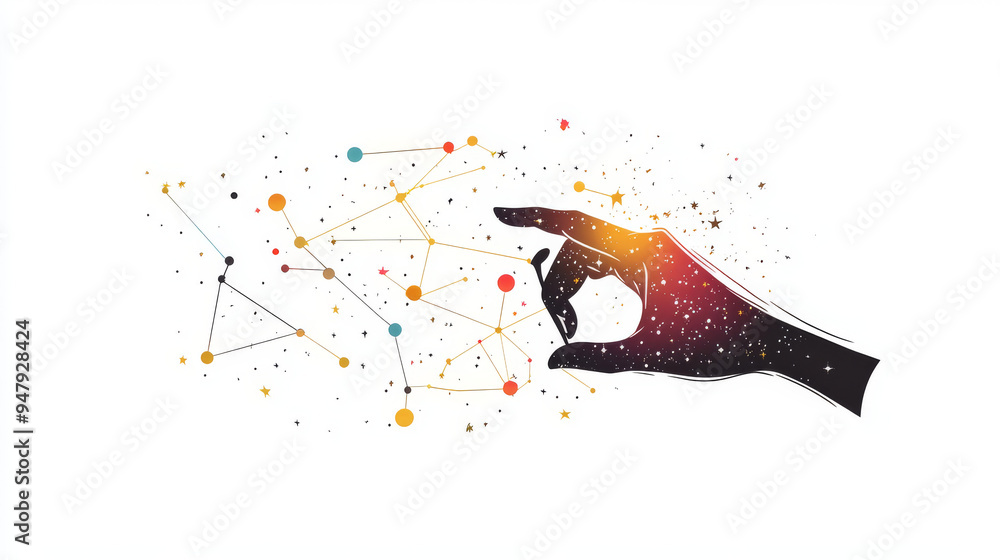 Poster abstract network of lines and dots forming a hand holding a pin on a white backdrop with text. the i