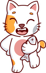cute cat looks happy when carrying fish Vector Illustration Icon. Flat Cartoon Style