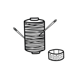 Spool of Thread with Needles stuck in and Thimble Composition. Accessories for seamstress isolated on white background. Hand drawn Vector illustration in doodle style. Perfect for Manual stitching