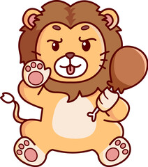 cute lionet looks happy while eating meat Vector Illustration Icon. Flat Cartoon Style