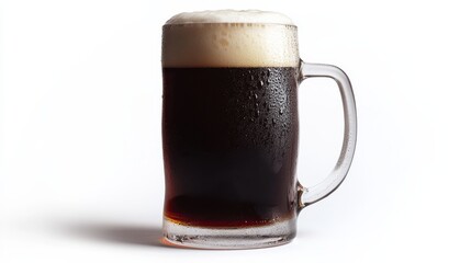 Glass of cold dark beer with condensation on white background
