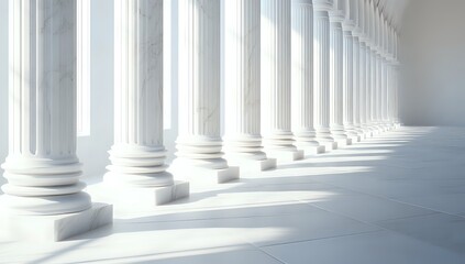 White Marble Columns in a Sunlit Hallway, Classic Architecture with Elegant Design