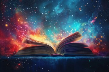 An open book reveals a cosmic universe filled with colorful stars and galaxies. This stunning image inspires imagination and wonder. Perfect for creative projects. Generative AI