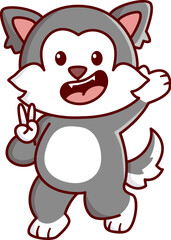 cute wolf doing peace poses Vector Illustration Icon. Flat Cartoon Style