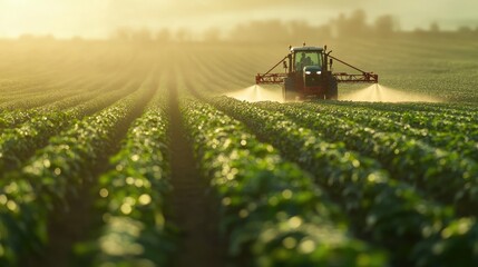 Fototapeta premium Zoomed-in view of a tractor's pesticide sprayer at work, the mist gently covering the rows of thriving crops.