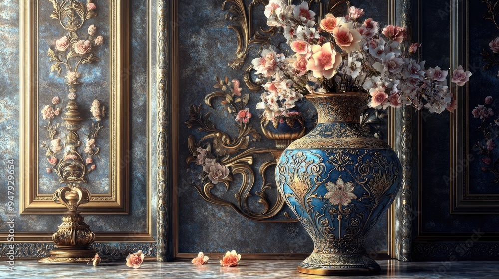 Poster big vase with intricate patterns and flowers, set in a luxury room with a realistic and elegant back