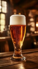 Glass of cold lager beer standing on bar counter in pub