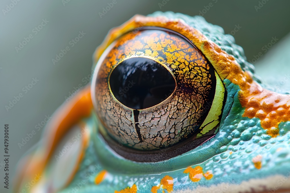 Poster close-up of a colorful frog's eye showcasing intricate patterns and textures