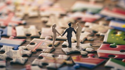 Global Unity Abstract Handshake on Puzzle Pieces Amidst World Flags Diplomatic Agreement Concept