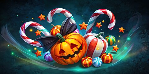 Festive Halloween scene with pumpkins and candy.