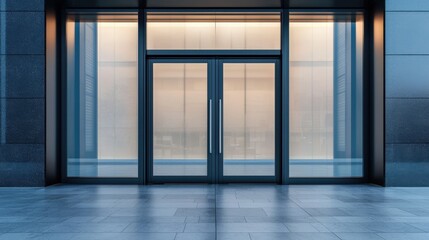 Fototapeta premium Office entrance with glass doors featuring an elegant design and clear background