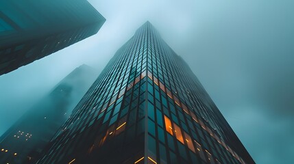 Tall skyscraper shrouded in fog