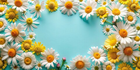 Fototapeta premium Colorful background with various chamomile flowers scattered around, chamomile, flowers, colorful, background, bloom, petals, herbal