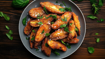 Fototapeta premium A plate of crispy fried plantains garnished with fresh parsley and sprinkled with salt, served on a dark wooden table.
