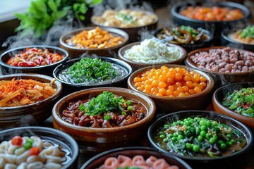 Obraz premium A table full of food with many different types of food in many different bowls