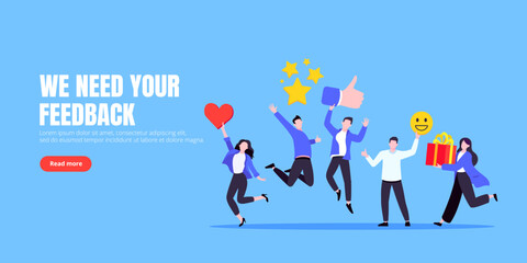 Employee feedback work satisfaction survey business concept flat vector illustration. Employee or customer feedback rating opinion with people and social icons - thumb, smile emoji, stars and heart.