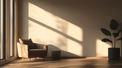 A minimalist interior featuring a cozy armchair, soft shadows, and a decorative plant, creating a serene ambiance.