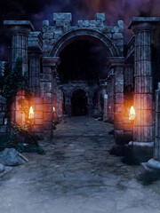 Ancient ruins at night, with arches and columns, with burning torches. 3D render. Made with 3d resources and painted elements. No AI used. 