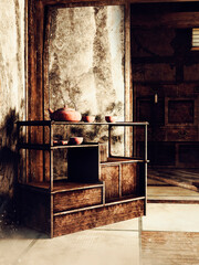 Room with a small cupboard in an old Asian tea house, dusty and abandoned. 3D render. Made with 3d resources and painted elements. No AI used. 