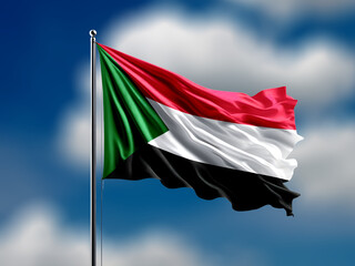 Sudan flag flying on blur blue clouds background.