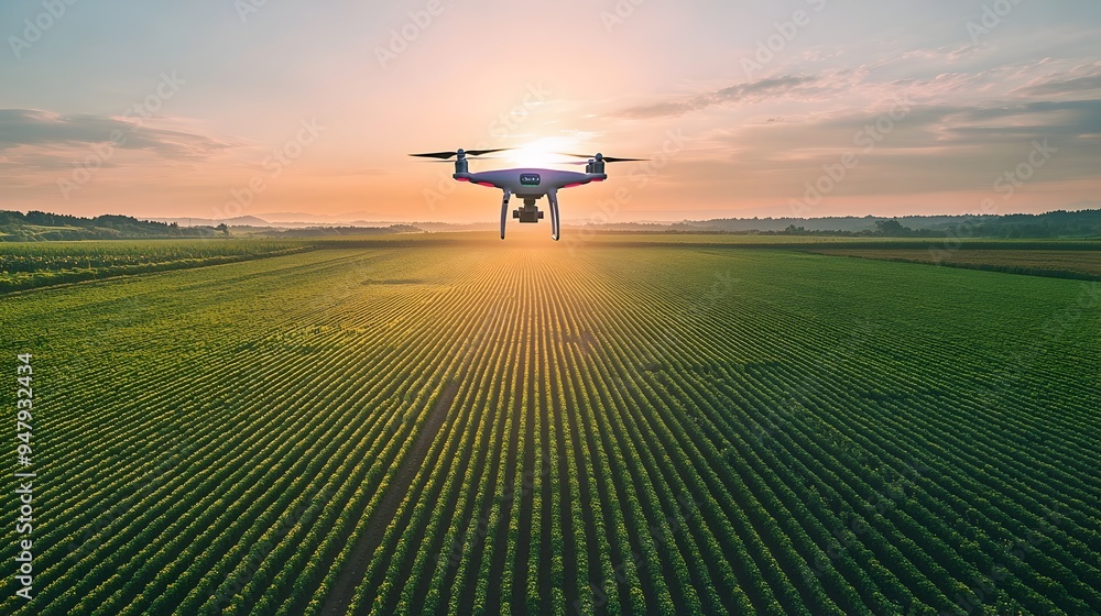 Poster aerial view of a drone equipped with iot sensors and technology mapping a vast agricultural landscap