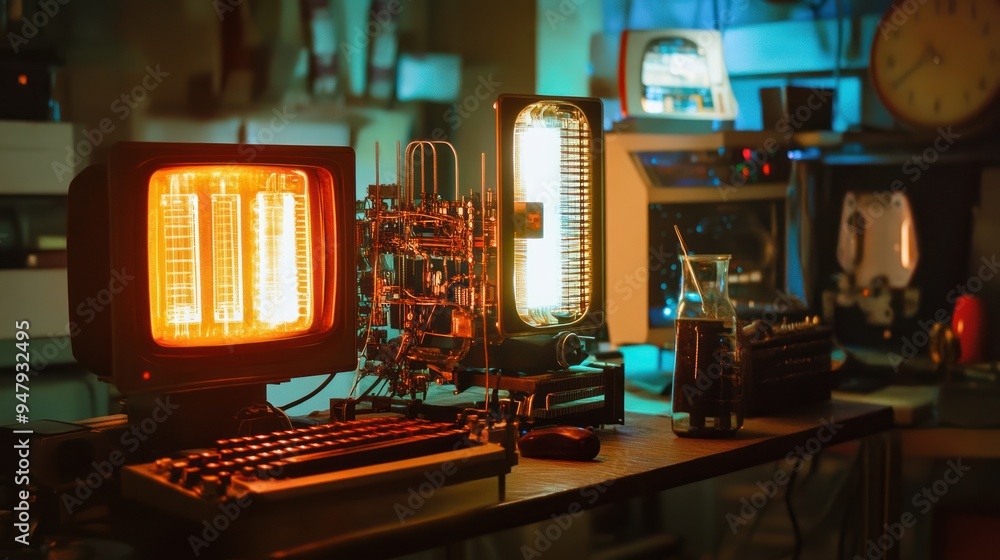 Poster retro computer setup with warm lighting