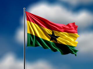 Ghana flag flying on blur blue clouds background.