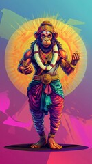 A vibrant illustration of a mythical monkey god, showcasing intricate details and colorful attire against a radiant background.