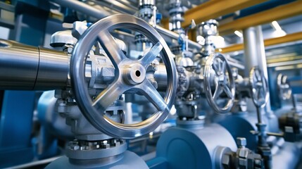 Obraz premium Close-up of industrial valve in a modern facility, showcasing precision engineering and the complexity of machinery.