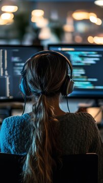 Computer programmer writing code on computer in office at night