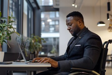 Professional black man in wheelchair working on laptop in modern office environment, focused and determined