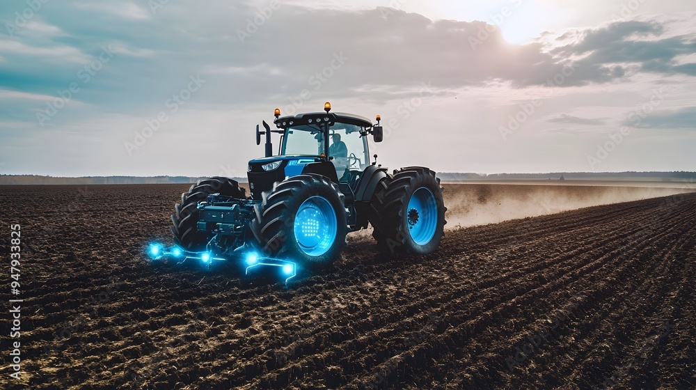 Poster an iot controlled tractor autonomously plowing fields with precision technology showcasing the futur