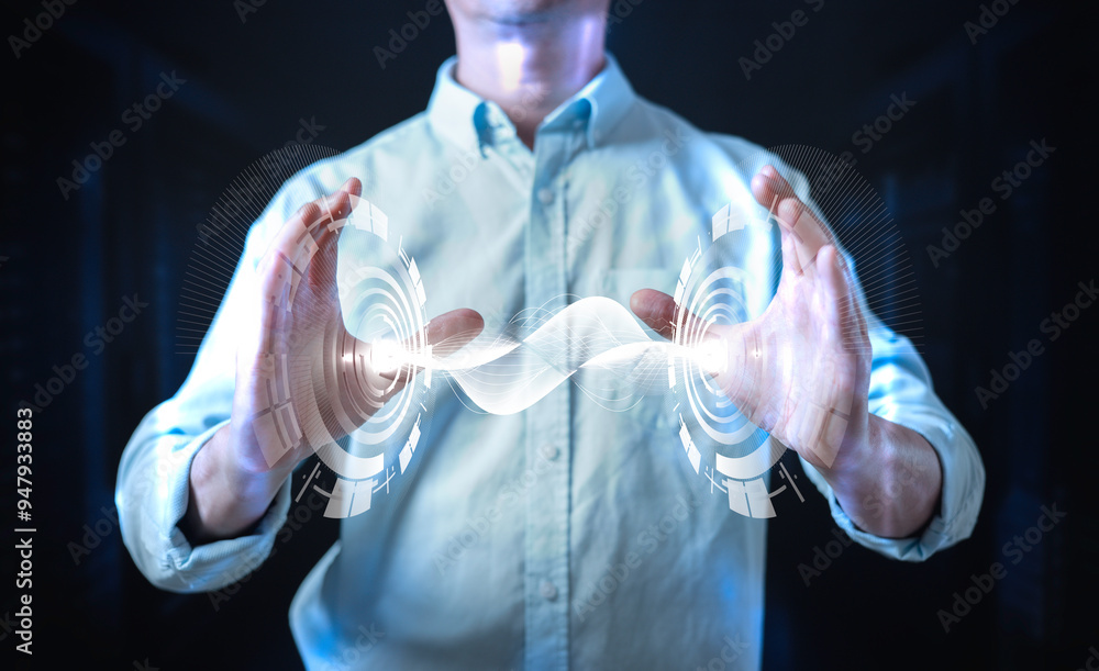 Poster future network concept hand touching the metaverse universe, a conceptual shift in digital transform