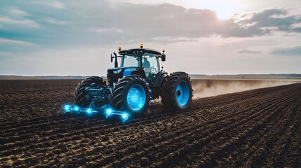 Obraz premium An IoT controlled tractor autonomously plowing fields with precision technology showcasing the future of smart and efficient farming practices