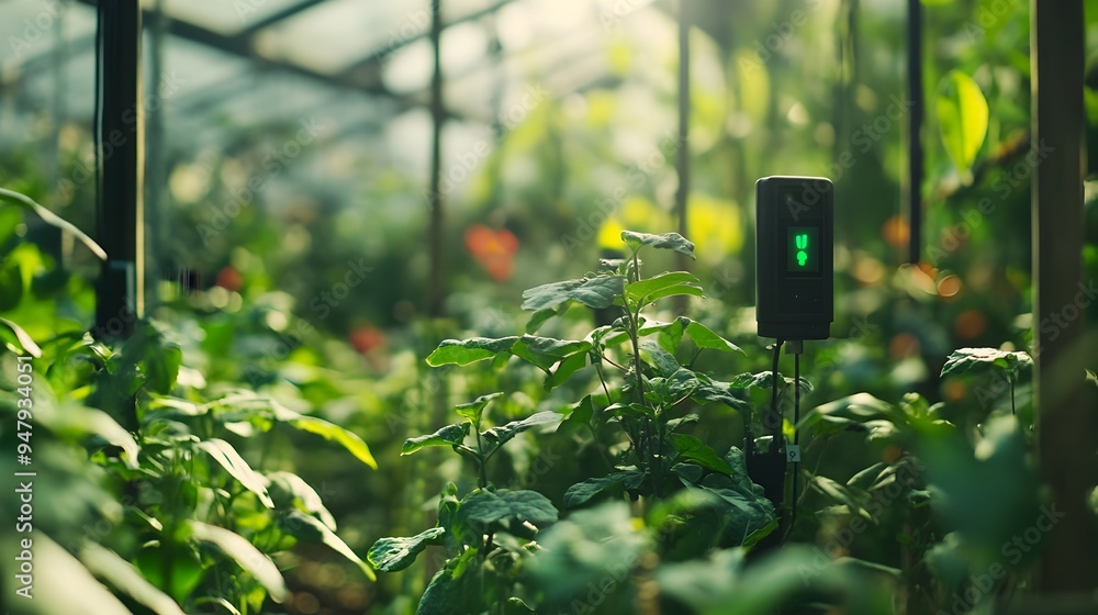 Poster photograph showcasing iot sensors and digital controls in a greenhouse setting enabling precision mo