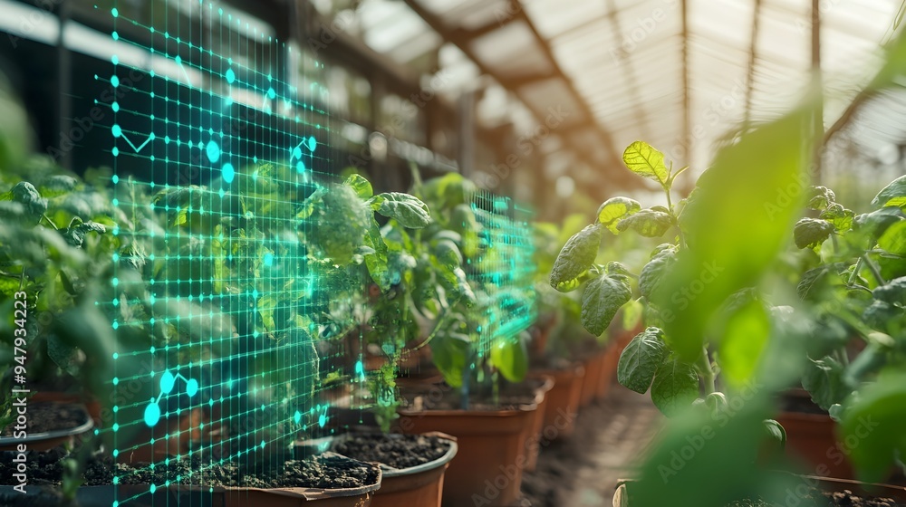 Poster a photograph showcasing iot sensors in a greenhouse monitoring and controlling the environment to en