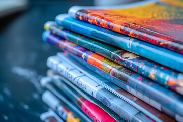Obraz premium A Colorful Stack of Magazines Showcasing Vibrant Covers and Diverse Content