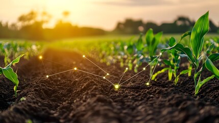A photograph showcasing IoT enabled soil probes that are monitoring and analyzing nutrient levels in a cornfield