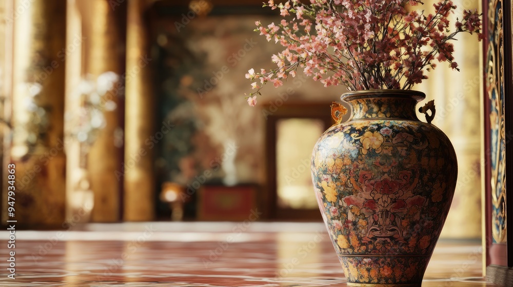 Poster large pottery vase with intricate patterns and flowers, set in a luxury room with an elegant, realis