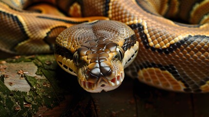 Obraz premium Close-up of a python with its head raised, displaying intricate scales and patterns
