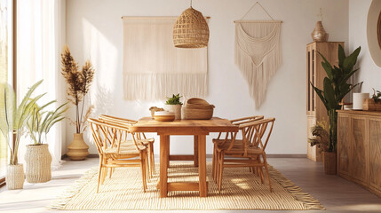A bohemian-inspired dining area with a mix of natural materials, including a wooden table, rattan chairs, and jute rug. The space is adorned with hanging macrame, potted plants, and unique wall art
